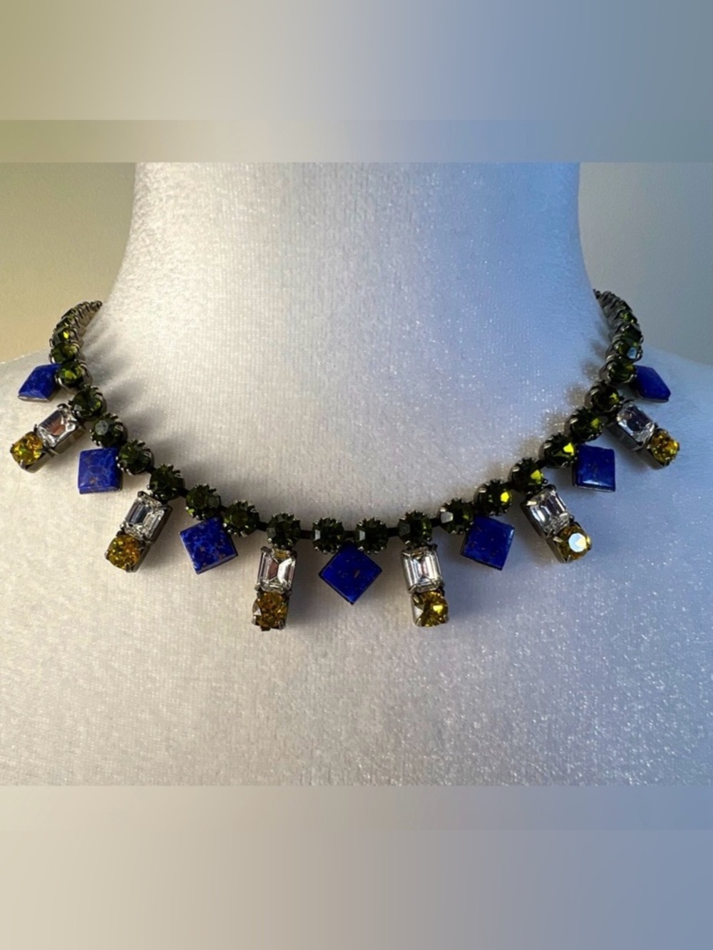 DANNIJO Statement Bib Necklace in Yellow/Gold Crystal and Lapis Stones